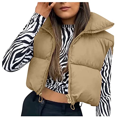 Women's Full Zip Up Warm Crop Vest Sleeveless Puffer Vest Lightweight Padded Gilet,cropped puffer vest (Khaki-3，Medium)