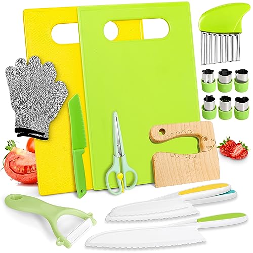 iAOVUEBY 18PCS Kids Knifes Set for Real Cooking, Wooden Toddler Knife 2PCS Cutting Board Kitchen Gloves Fruit Vegetable Crinkle Cutters Plastic Kid Safe Knives, Birthday Gifts for Girls & Boys Age 3-8