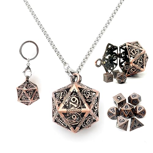Haxtec Mini Dice Set with Copper Hollow D20 Necklace Dice Case Antique Tiny Small Metal DND Dice Set D&D Keychain Portable 7PCS Dice Set
