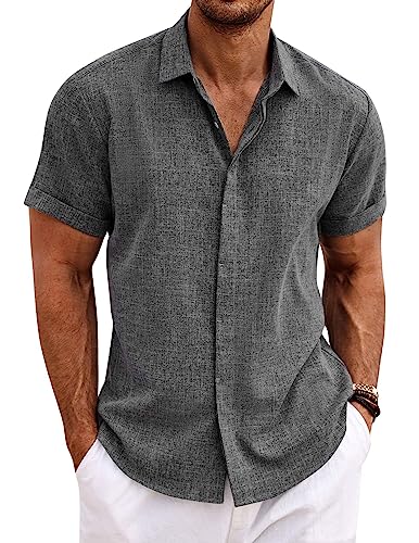 COOFANDY Men's Linen Shirts Solid Wedding Shirts Short Sleeve Shirt Button Up Casual Relaxed-Fit Shirts Dark Grey