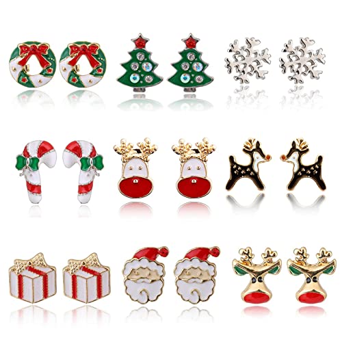 MTSCE 9 Pairs Women Christmas Earring Set, Cute Festive Jewelry Hypoallergenic Christmas Gifts for Kids Teens Girls (9 Pairs A Style)