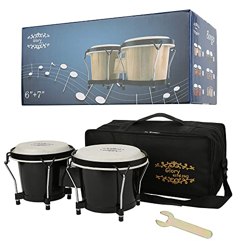 Glory Bongo Drums 6” and 7” Wood Percussion Instrument Bongos with bag and tuning Key,Black