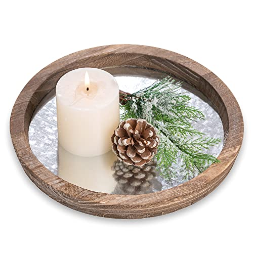 Hanobe Round Decorative Rustic Wooden Tray for Coffee Table Farmhouse Centerpiece Candle Vintage Mirrored Bar Ottoman Tray for Home Decor Bathroom Vanity Kitchen Organizer