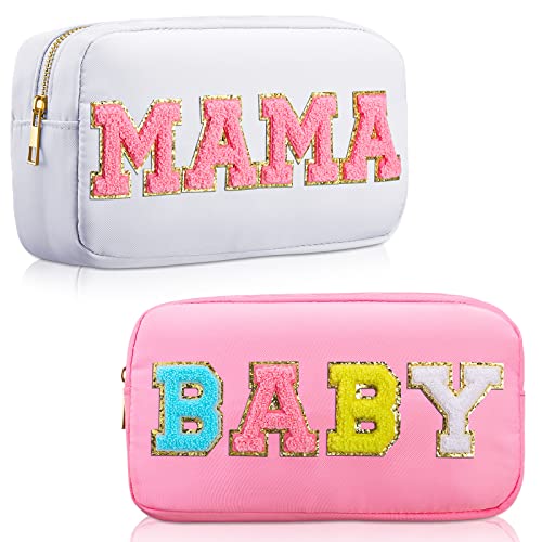 Sanwuta 2 Pieces Nylon Cosmetic Bag Chenille Letter Makeup Bag Baby and Mama Pouch Zipper Baby Travel Toiletries Pouch Preppy Patch Cosmetic Travel Toiletry Bag for Women and Girls (White, Pink)