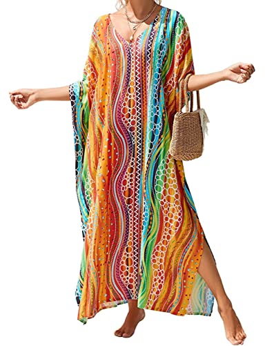 Bsubseach Print Kaftan Dresses for Women V Neck Swimsuit Cover Up Beach Caftans Loungewear Dress Orange