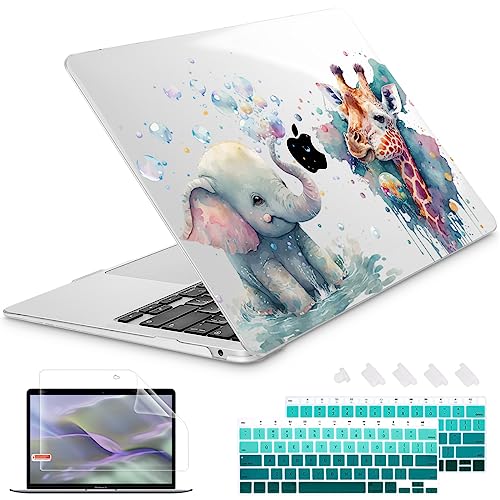 Lepeoac for New MacBook Air 13 inch Case 2021 2020 2019 2018 Release A2337 M1 A2179 A1932, Crystal Plastic Hard Shell Cover for MacBook Air 13' with Retina Display & Touch ID - Elephant & Giraffe