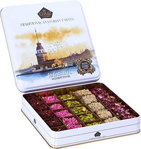 Cerez Pazari Turkish Delight with Mix of 4 Flavours and Pistachio, Hazelnut and Walnut Assorted Gourmet Lokum (Loukoumi) in Elegant Tin Gift Box 1.1 lbs ℮ | Sweet Traditional Soft Candy Dessert 25Pcs