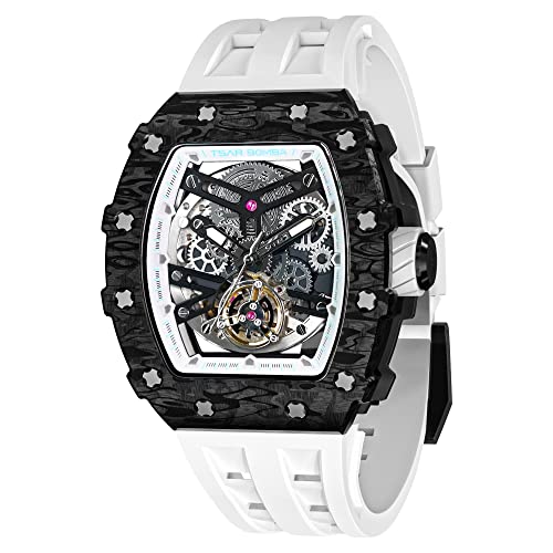 TSAR BOMBA Men's Automatic Watch Tonneau Luxury Skeleton Watches for Men Mechanical 50M Waterproof Analogue Watches Mens Unique Cool Silver Square Big Face Dial Wristwatch with Silicone Strap Band