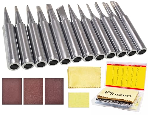 Soldering Iron Tips 12 pcs 900M Replacement Solder Tips Kit (B, I, K, D, C) with Cleaning Sponge, Cloth, Sandpaper (Fine, Medium, Rough) for Soldering Iron Station from Plusivo