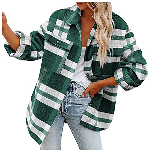 Women's Brushed Retro Plaid Shirts Long Sleeve Flannel Lapel Fashion Button Down Pocketed Zip up Sweat (A7-Green, S)
