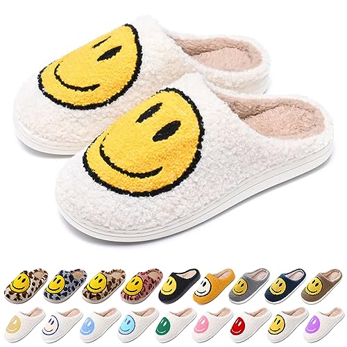 AIMINUO Women's Men's Retro Preppy Happy Face Slippers Comfy Warm Plush Slip-On House Slipper for Winter Indoor Soft Cushion Non-slip Fluffy Slides Slippers White-Yellow 6.5-7.5 Women/6-7 Men