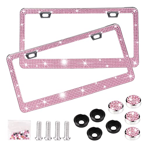 Bling License Plate Frame - iGreely 2Pack Sparkly Rhinestone License Plate Cover Stainless Steel Diamond Car License Plate Holder Bedazzled Tag Frame for Car Pink