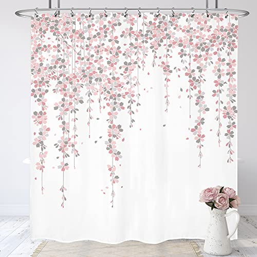 LIGHTINHOME Grey Pink Floral Shower Curtain 72Wx72H Inches Dusty Rose Cherry Blossom Blooming Weeping Flowers Spring Bathroom Home Decor Cloth Fabric Waterproof Polyester Bathroom Set with Hooks