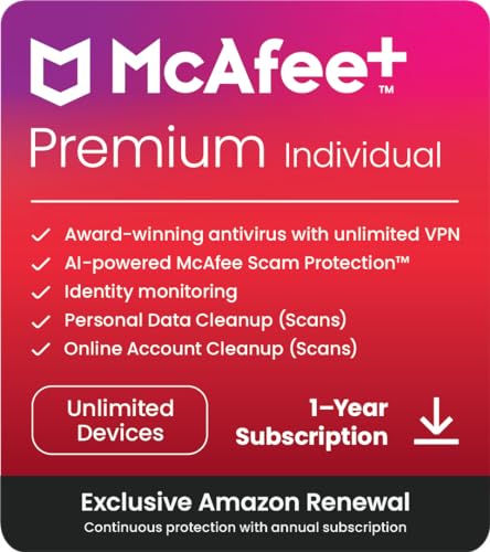 McAfee+ Premium Individual Plan, 2024 Ready | Unlimited Devices | Identity and Privacy Protection Software includes Unlimited Secure VPN, Identity Monitoring, Password Manager and Antivirus | Download