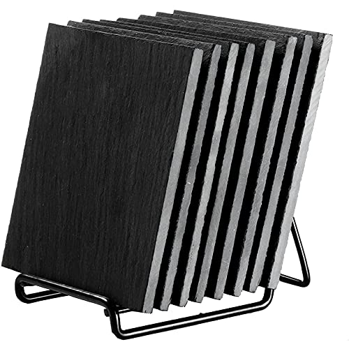 Juvale Set of 8 Square Black Slate Coasters with Holder for Coffee Table (4x4 in)