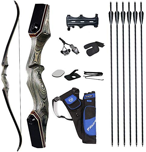 60'' Archery Recurve Bow Takedown Bow Hunting Bow and Arrow Set Adult Target Practice Competition Survival Longbow Right Hand 30-50lbs with 6pcs Fiberglass Arrows (50lbs)