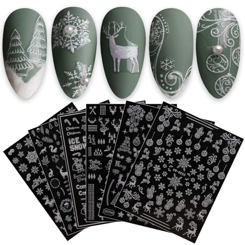 JMEOWIO 9 Sheets Christmas Glitter Nail Art Stickers Decals Self-Adhesive Pegatinas Uñas Snowflake Xmas Winter Holiday White Nail Supplies Nail Art Design Decoration Accessories