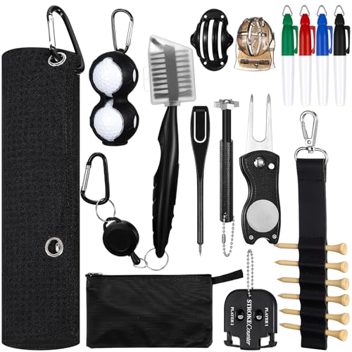 Syhood 21 Pcs Golf Accessories Set Golf Club Cleaning Kit Golf Towel, Cleaning Brush, Groove Sharpener, Divot Repair Tool, Golf Ball Alignment Kit Portable Golf Brush Tool Kits for Men or Women