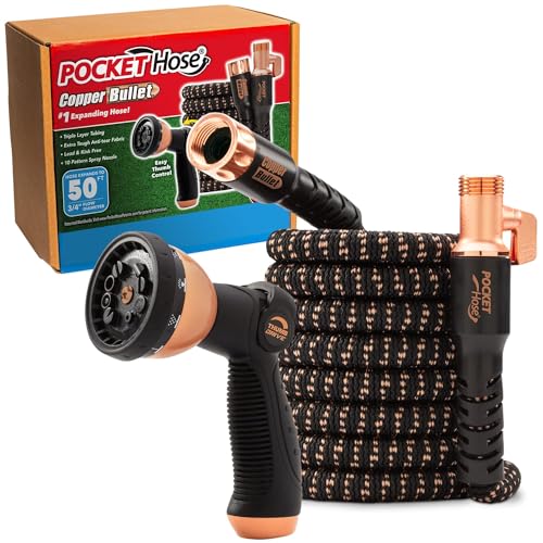 Pocket Hose Copper Bullet With Thumb Spray Nozzle AS-SEEN-ON-TV Expands to 50 ft, 650psi 3/4 in Solid Copper Anodized Aluminum Fittings Lead-Free Lightweight No-Kink Garden Hose