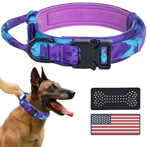 Hotsky Tactical Dog Collar with Handle for Large Medium Dogs,Upgrate Heavy Duty Military Training Nylon Adjustable Dog Collar with Metal Buckle and Two Patches for Camouflage Fans（Purple Camo,L）