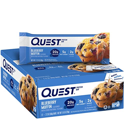 Quest Nutrition Blueberry Muffin Protein Bars, High Protein, Low Carb, Gluten Free, Keto Friendly, 12 Count (Pack of 1)