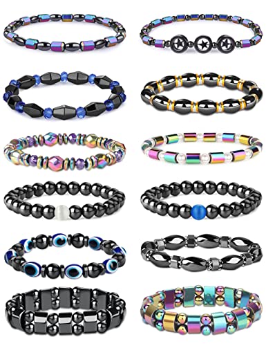 DOLOTTA 12Pcs Hematite Magnetic Bracelets Set for Men Women Magnetic Therapy Ankle Bracelet Circle Star Rainbow Magnet Stone Bracelet Relieve Anxiety Bracelet