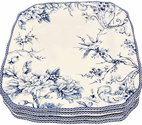 222 Fifth Adelaide Blue Toile Square Dinner Plates | Fine China/Porcelaine | Set of 4 | 10.75' x 10.75'