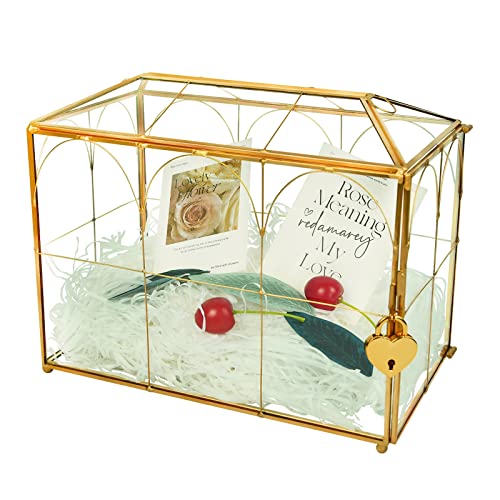 Wedding Gold Glass Card Box with Lock and Slot - Wedding Envelope Card Holder for Reception Handmade Gold Decorative Glass Terrarium, Party Centerpiece Gift Card Box Handmade Vintage Wedding Card Box