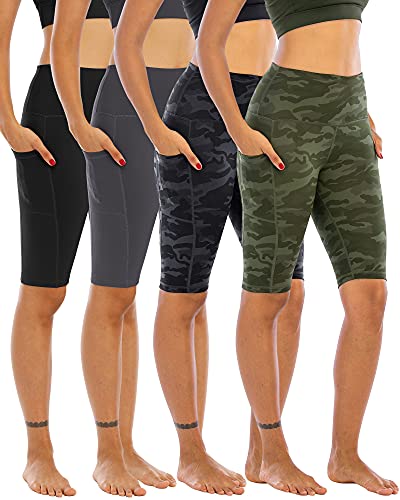 WHOUARE 4 Pack Biker Yoga Shorts with Pockets for Women,High Waisted Athletic Running Workout Gym Shorts Tummy Control,Grey Camouflage,Army Green Camouflage,Black,Dark Gray,XL