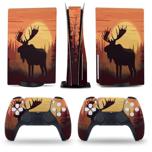 Buyidec Silhouette Moose Sunset PS5 Skin Console and Controller Accessories Cover Skins Anime Vinyl Cover Sticker Full Set for Playstation 5 Disc Edition