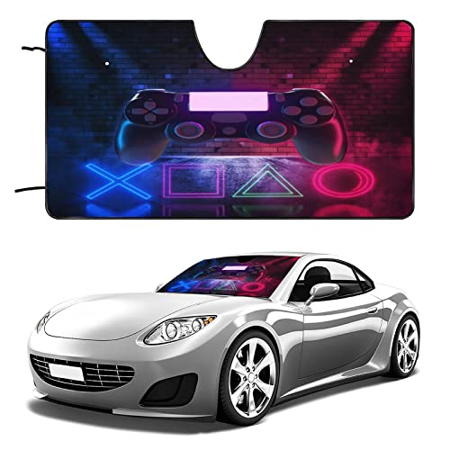 Red Blue Brick Wall Gamer Car Sun Shade Windshield Teens Gamer Room Decor Gamepad Buttons Fits Most Windshields 55L x 30W Inch