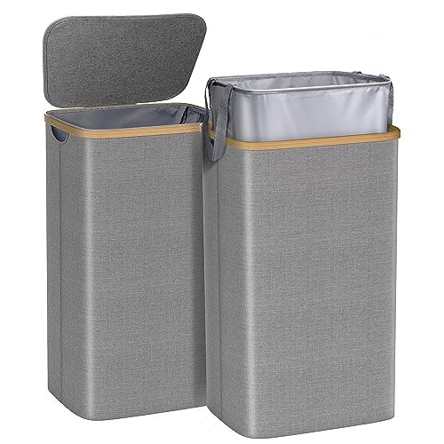 Foluck 2-Pack Large Laundry Hamper, 100L Waterproof Laundry Basket with Lid and Removable Bag, Collapsible Tall Clothes Hamper with Bamboo Handles for Clothes Toys in Dorm Bedroom Bathroom, Grey