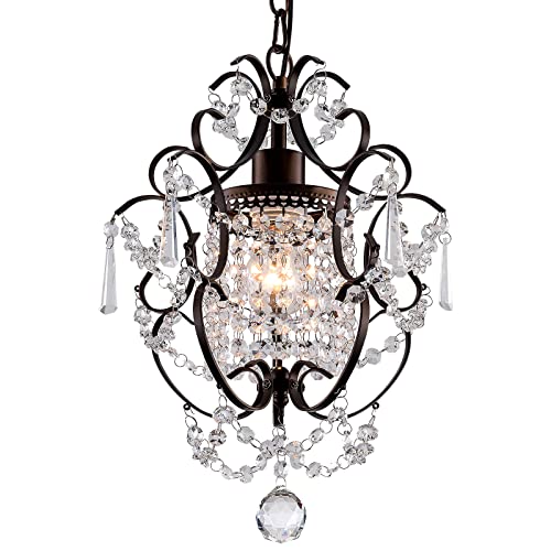 Modern Mini Crystal Chandelier,Iron Bronze Crystal Light Fixtures Ceiling Mount 1 Light Small Chandeliers for Bedroom Elegant Crystal Hanging Lighting for Girls Room Dining Room Closet Kitchen Island