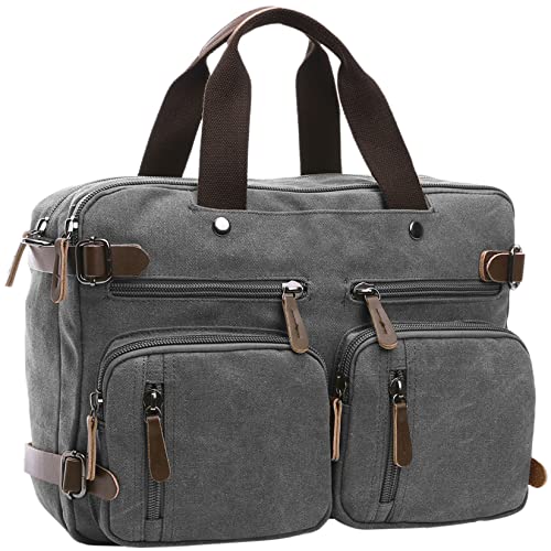 Lanola Canvas Backpack Messenger Bag Protective Shoulder Bag Hiking Daypack 17.3 Inches Laptop Knapsack Business Briefcase Office Rucksack Multi-Functional Computer Case for Men Women-Grey