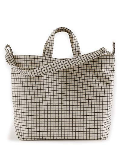 BAGGU Horizontal Duck Bag Canvas Tote, Essential Everyday Tote, Spacious and Roomy, Natural Grid
