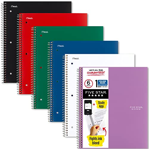 Five Star Spiral Notebook + Study App, 6 Pack, 1 Subject, College Ruled Paper, 8-1/2' x 11', 100 Sheets, Fights Ink Bleed, Water Resistant Cover, Black, Red, Blue, Green, White, Purple (38052)