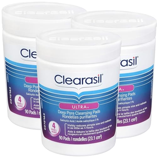 Clearasil Ultra Deep Pore Cleansing Pads, Salicylic Acid Acne Treatment Visibly Reduce Pimple Size and Redness in 4 Hours, 90 Pads (Pack of 3)