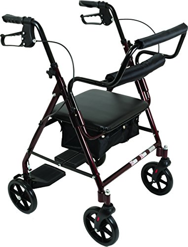 ProBasics Aluminum Rollator Walker with Seat - Transport Chair Rolling Walker with 6-inch Wheels, Foldable - Padded Seat and Backrest, Height Adjustable Handles, 250 Pound Weight Capacity, Burgundy