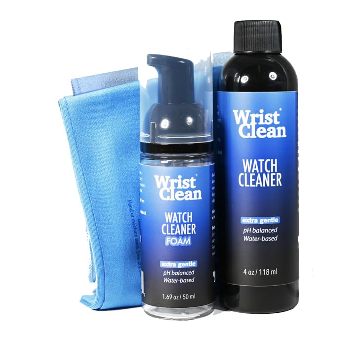 Essential Watch Cleaning Kit – Cleans & Beautifies Watches and Rubber Straps – Foam 50ML Bottle, 4oz Watch Cleaner Refill, 1 Ultra-Daily Cloth 10'x10', 1 Ultra-Drying Cloth 10'x10', 1 Pouch