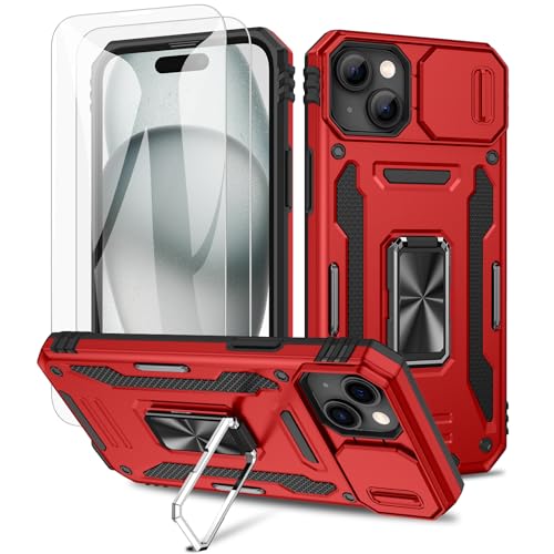 Maxdara for iPhone 15 Slide Camera Cover Case with Screen Protector, with Built-in 360°Rotate Ring Stand Magnetic Car Mount Cover Case for iPhone 15 6.1 inch, Red