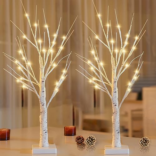2-Pack 2FT Lighted Birch Tree for Home Decor with Timer, Thanksgiving Christmas Table Decor Birch Tree with 48 LED Warm White Lights, Artificial Tree Light for Indoor Xmas Decorations Holiday Bedroom