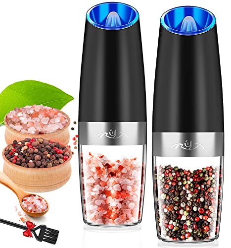 Gravity Electric Salt and Pepper Grinder Set, Automatic and Battery-Operated with Adjustable Coarseness, LED Light, One Hand Operated By Rongyuxuan