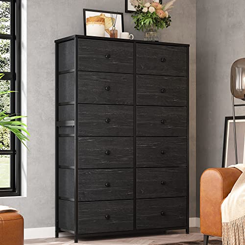EnHomee Tall Dressers for Bedroom, 12 Drawer with Wooden Top and Metal Frame, Fabric Dresser & Chest of Drawers for Closet Living Room, Black Wood Veins, 11.9' D x 34.8' W x 52.2' H