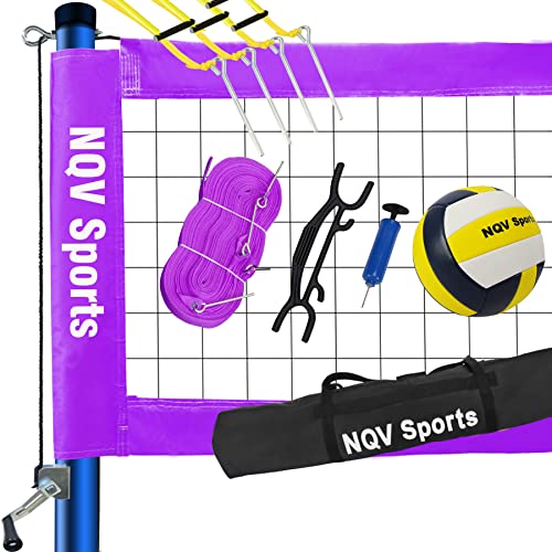 NQV Professional Heavy Duty Outdoor Purple Volleyball Net Set with Adjustable 3 Levels Height Steel Poles, Anti-sag System,Volleyball,Pump,Boundary Line and Carrying Bag for Backyard