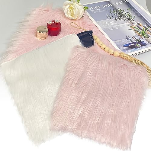 2/3 Pcs School Locker Rugs 12 x 12in Soft Fluffy Faux Fur Area Carpet for Product Show of School Locker Decorations Nail Art (White+Pink)