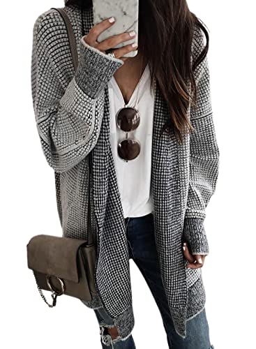 Sidefeel Womens Cardigan Plaid Open Front Chunky Knit Oversized Long Cardigan Sweaters Winter Coats Gray Large