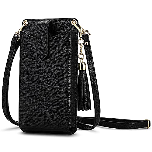 Peacocktion Small Crossbody Cell Phone Purse for Women, Lightweight Mini Shoulder Bag Wallet with Credit Card Slots with Tassel (Black)
