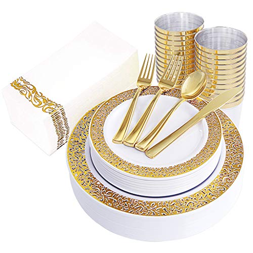 I00000 160pcs White Gold Plastic Plates Silverware with Gold Napkins, Includes:40 Forks,20 Spoons,20 Knives,20 Dinner Plates,20 Dessert Plates,20 Plastic Cups 10oz, 20 Paper Napkins for Wedding,Party