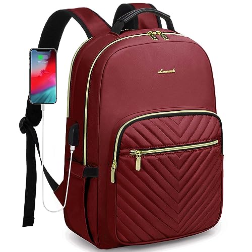 LOVEVOOK Laptop Backpack Purse for Women, Work Business Travel Computer Bags, College Nurse Backpack for Womens, Quilted Casual Daypack with USB Port, Fit 15.6 Inch Laptop, Wine Red