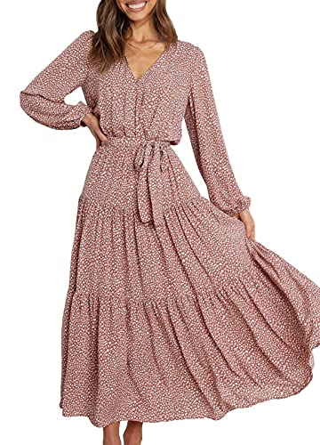 PRETTYGARDEN Women's 2023 Fall Long Sleeve Ruffle V Neck Maxi Dress Tie Waist Boho Chiffon Casual Flowy Long Dress(Pink,Large)